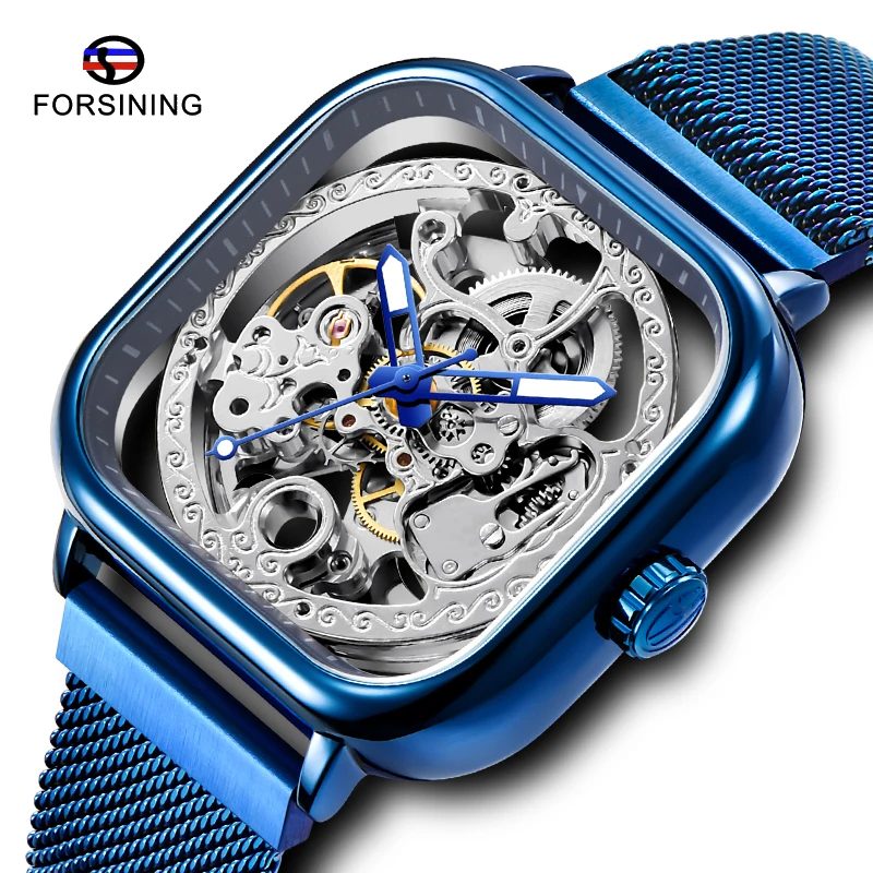 

FORSINING Brand Automatic Men Watch Mechanical Watch Blue Color Magnet Bracelet Skeleton Transparent Watches for Men Gifts Clock