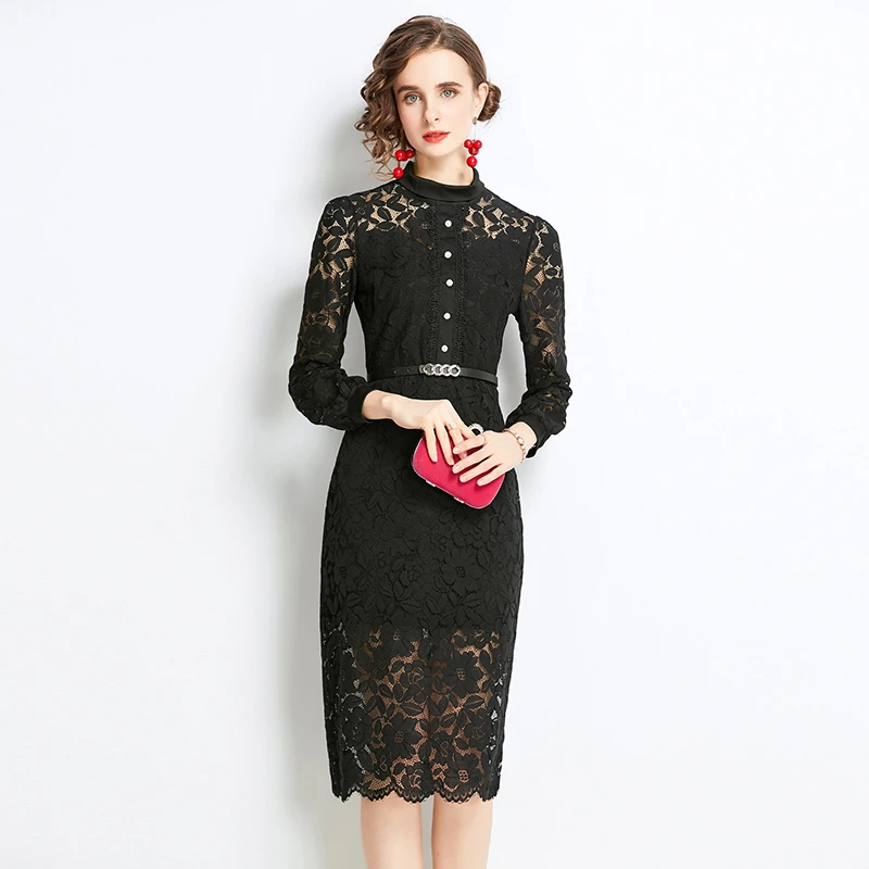 Youtobin Women Stand Collar Black Lace Long Sleeve Bodycon Cocktail Party Dress 
