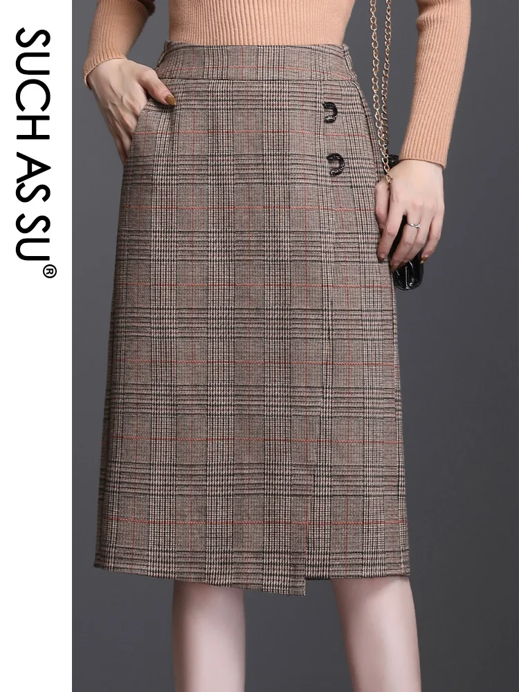 

Skirts Womens 2020 Autumn Winter Wool Black Lattice Gray Pockets Mid-Calf High Waist Sexy Plus Size Female Asymmetrical Skirt