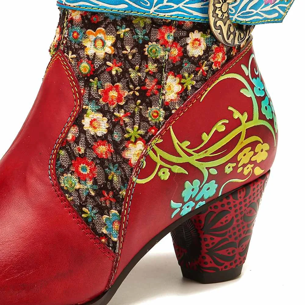 SOCOFY/сапоги в стиле ретро с цветочным узором; сапоги до середины икры из натуральной кожи с металлической пряжкой и молнией на высоком каблуке; женская обувь;