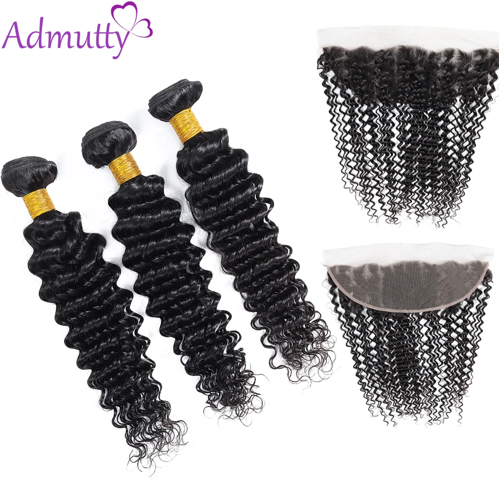 Admutty Hair Peruvian Deep Wave Bundles With Frontal 13*4 Human Hair Weave Bundles With Lace Frontal Remy Hair Extensions