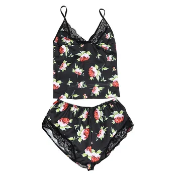 

MIARHB Women's Sleepwear Sexy Satin Pajama Set Silk Lace V-Neck Pyjamas Sleeveless Cute Cami Top and Shorts пижама женская A50