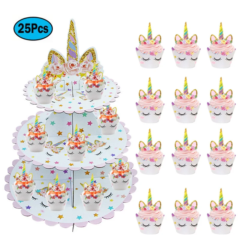 3 уровня Единорог картонная подставка для десерта и кексов кекс держатель для детского душа, торт стенд для детей день рождения кекс бумага