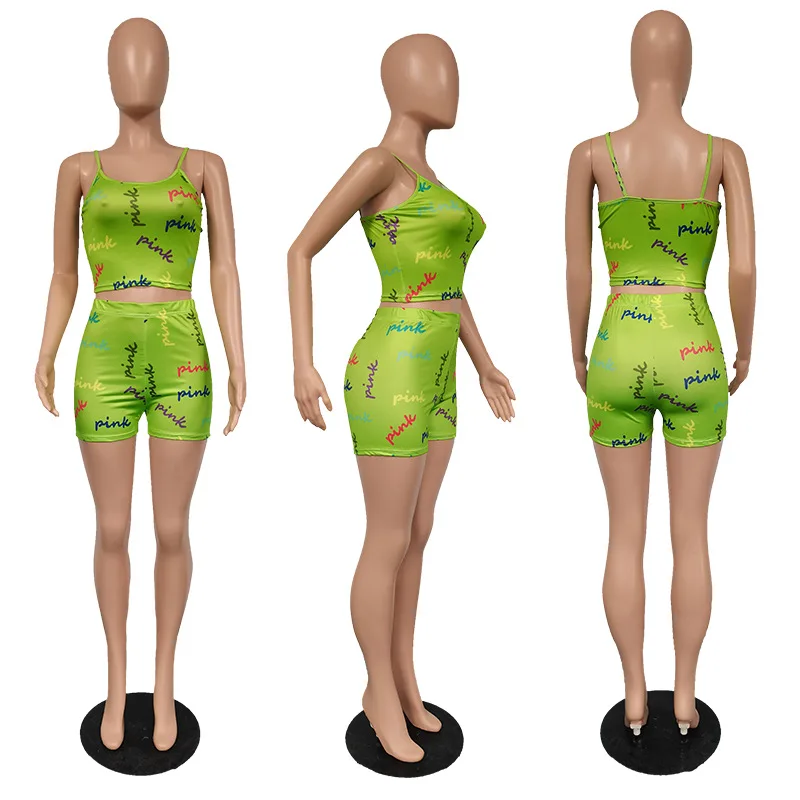 Women'S Fashion Pink Letter Print Matching Sets Shorts Set Summer Sports Workout Running Clothes Set Suits Camis+Shorts 2pcs Set