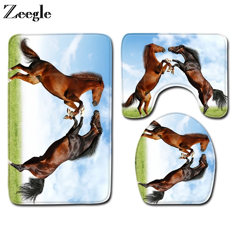 Zeegle Animal Printed Bath Mat Set Anti Slip Bathroom Doormat Shower Mat Absorbent Toilet Pedestal Rug Flannel Soft Toilet Set