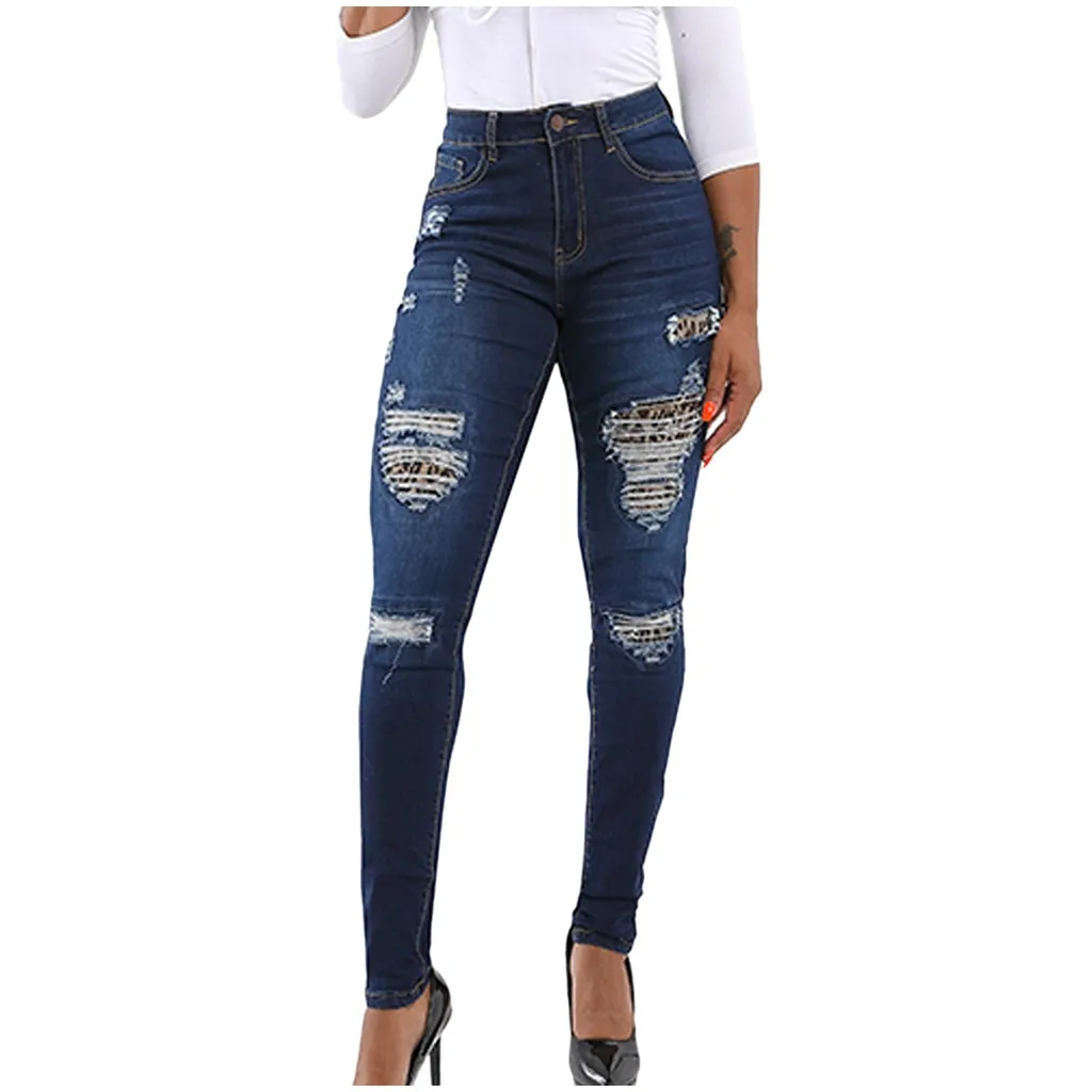 Mallas de mezclilla con estampado de leopardo para mujer, pantalones vaqueros elásticos informales con agujeros, cintura alta