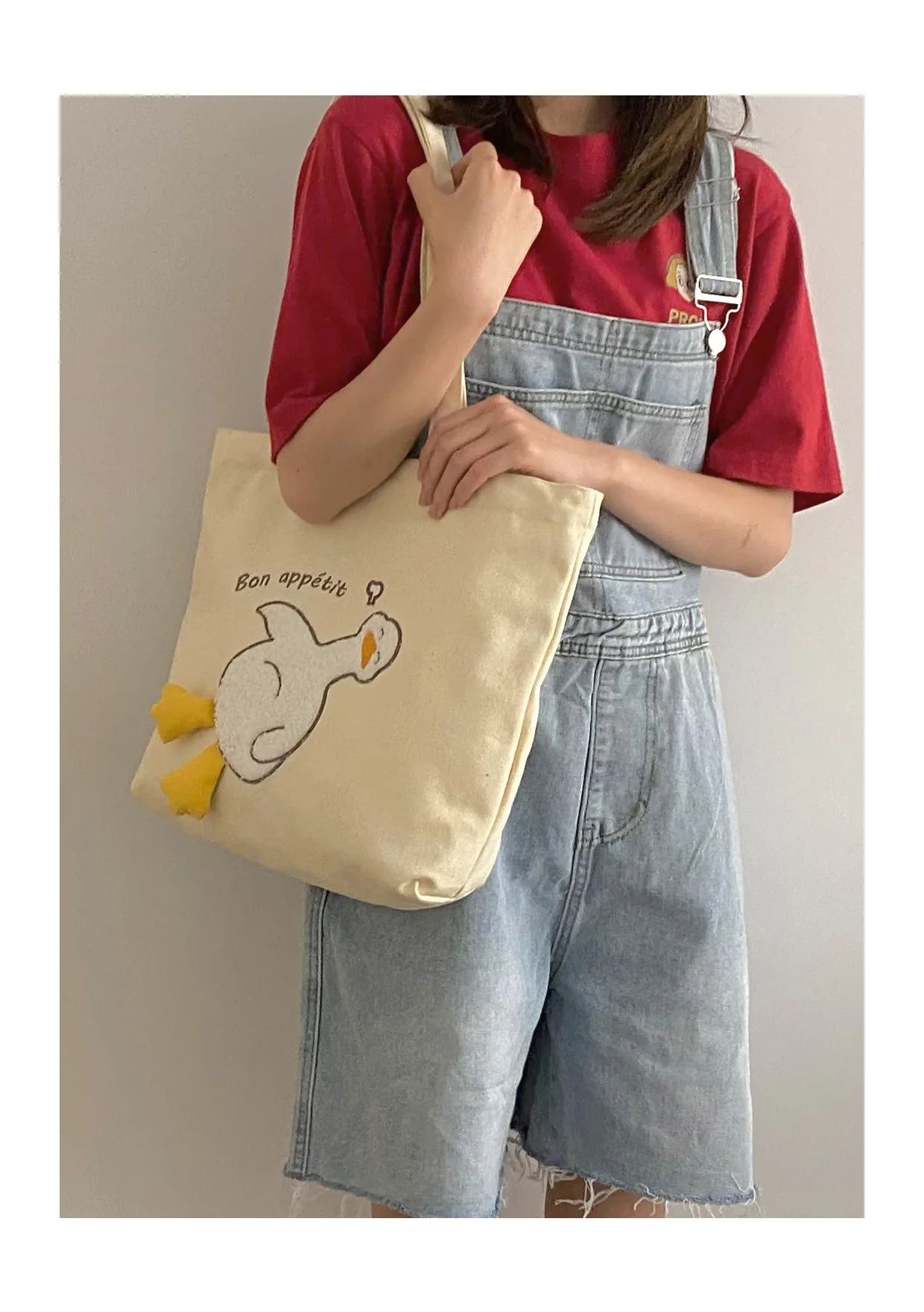 Cute Design Women's Canvas Shoulder Bag Lovely Duck Embroidery Student Girls School Book Tote Handbags Female Large Shopper Bags