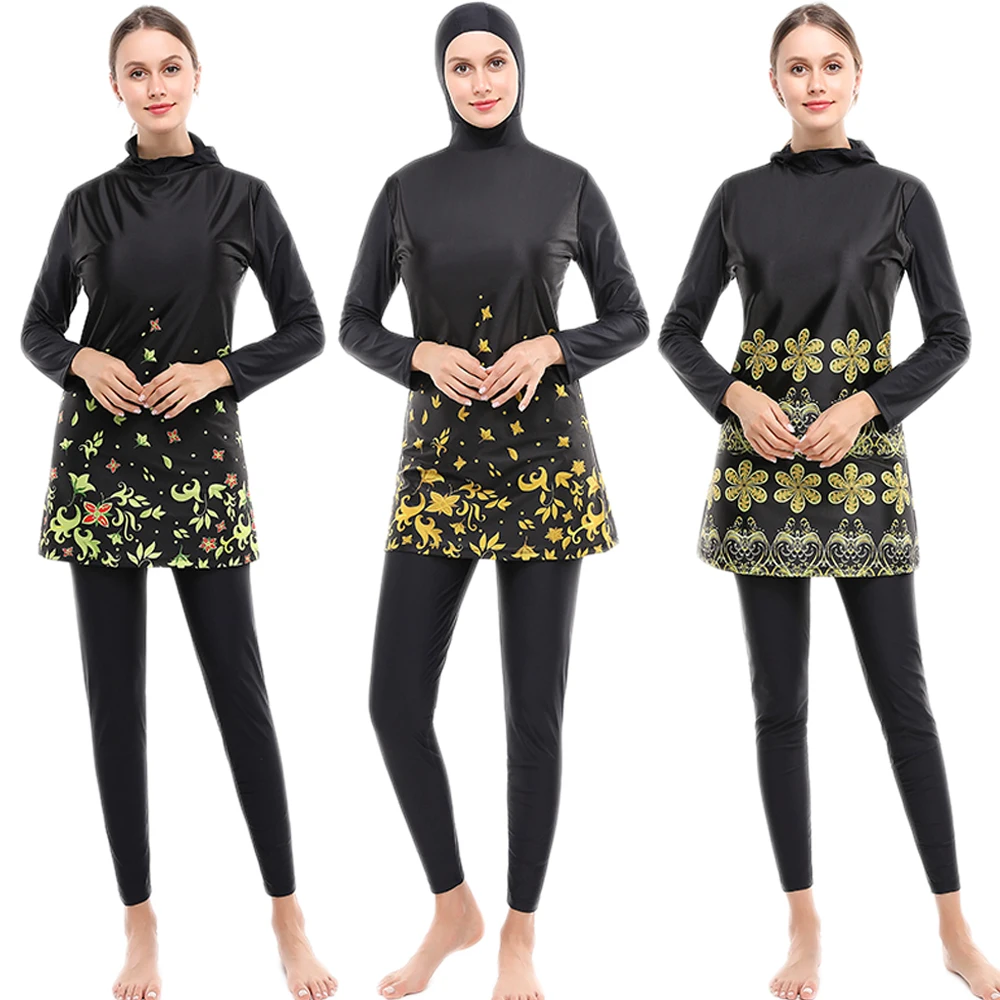 Costumi Da Bagno Stampati Da Donna Musulmana Costumi Da Bagno Conservatori Burkini Costumi Da Bagno 2 Pezzi Top Con Cappuccio Pantaloni Manica Lunga N