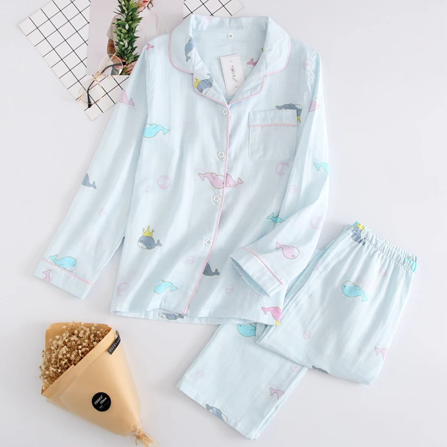 Домашний пижамный комплект с длинными рукавами для женщин, хлопковое газовое милое ночное белье с принтом, женские японские пижамы из 2 предметов, большие размеры