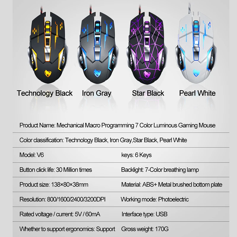 USB Wired Gaming Mouse 3200DPI LED RGB USB Computer Mouse Ergonomic 6 Button Mause With Backlight for Laptop Accessories