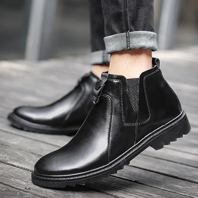 

2019 Autumn And Winter Men Martin Boots Hight-top Casual MEN'S Leather Boots plus Velvet Warm Chelsea Cotton Boots
