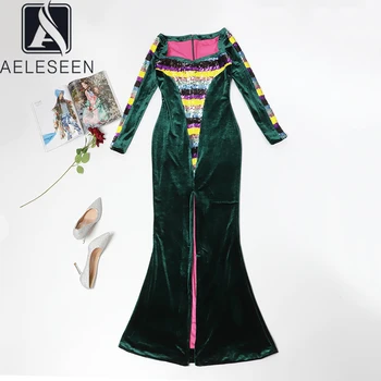 

AELESEEN New Design High Quality Velvet Slim Fit Dresses Women 2020 Luxury Colorful Sequined Sexy Square Collar Maxi Party Dress