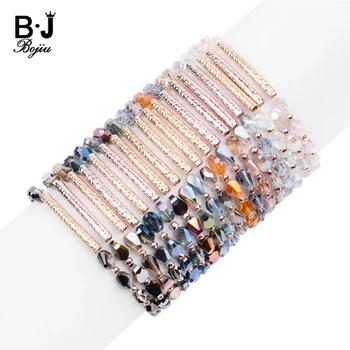 

BOJIU Boho Faceted Bicone Crystal Beads Customized Bracelets For Women Elastic Gold Copper Tube Bracelet Femme Bijoux Gift BC343