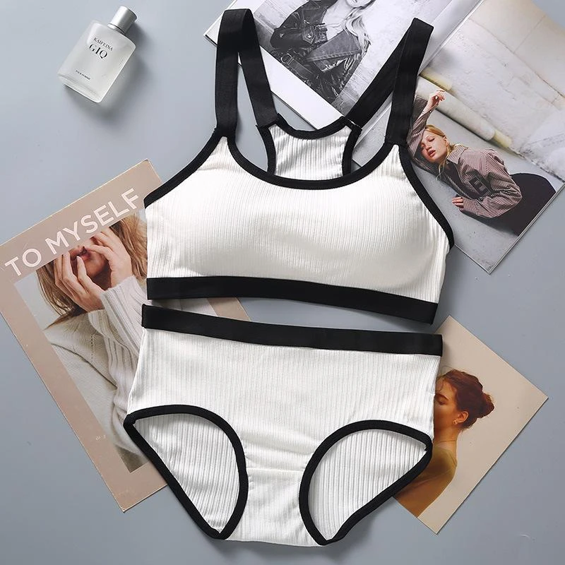 sexy bra and panty set Padded Cotton Bra Underwear Set for Women Bralette Top Wireless Bra Panties Seamless Ribbed Bralette New black lace underwear set