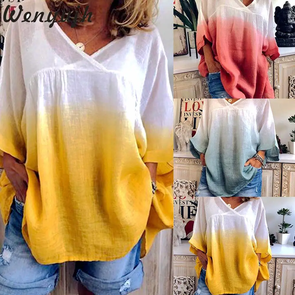 

Wenyujh 2019 Casual Shirt Gradient Color Bat Sleeve Blouse Women NEW Korean Plus Size 5XL Ladies V Neck Tops And Blouses Tops