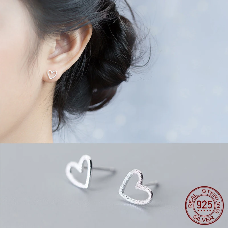 La Monada corazón Stud pendientes para las mujeres de plata 925 corazón esmerilado bien joyería aros para mujer pendientes de plata de ley 925