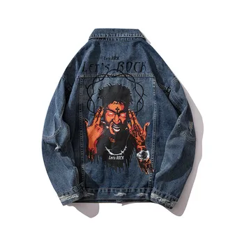 

MORUANCLE Fashion Hi Street Hip Hop Rock Jean Jacket For Man Ripped Printed Denim Trucker Jackets Outerwear Streetwear Clothing