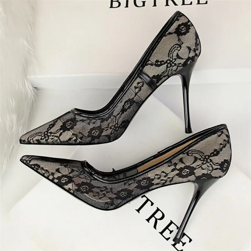 

High quality sexy slim high heel women's shoes stiletto high heel shallow mouth pointed mesh openwork lace single shoes
