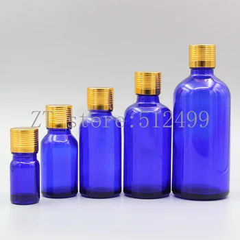 

2/10pcs 5ml 10ml 15ml 20ml 30ml 50ml 100ml Empty DIY Cosmetic Blue Glass Essential Oil Bottles with Gold Screw Aluminum Cap Plug