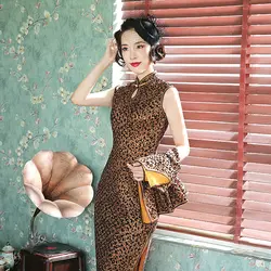 2 шт. женская одежда без рукавов велюровый Леопардовый Qipao с длинными рукавами Топы до колена cheongsam платье сексуальный банкетный