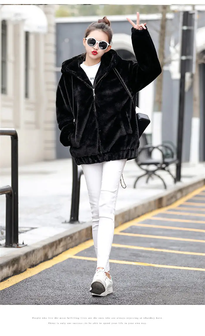 Faux Rex Rabbit Fur Coat Female Winter New Long Sleeve Korean Loose Plush Thick Hoodies Sweatshirt Jacket For Women f2084