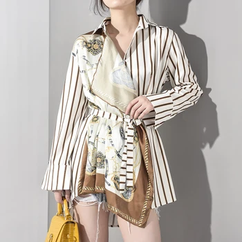 

2020 New Autumn Winter Lapel Long Sleeve Striped Pattern Printed Irregular Big Size Shirt Women Blouse Fashion