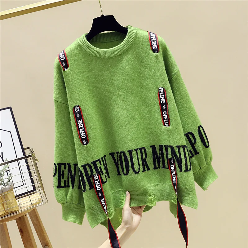 green QING MO, вязаный женский свитер, весна-зима, Модный женский свитер с буквенным принтом, ассиметричный пуловер, Топ ZQY1607 - Цвет: green