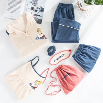 

MELIFLE 7 Pieces 100% Cotton Pajamas Sets for Women Summer Sexy Sling Cartoon Print Sleepwear Winter Fashion Homesuit Nightie