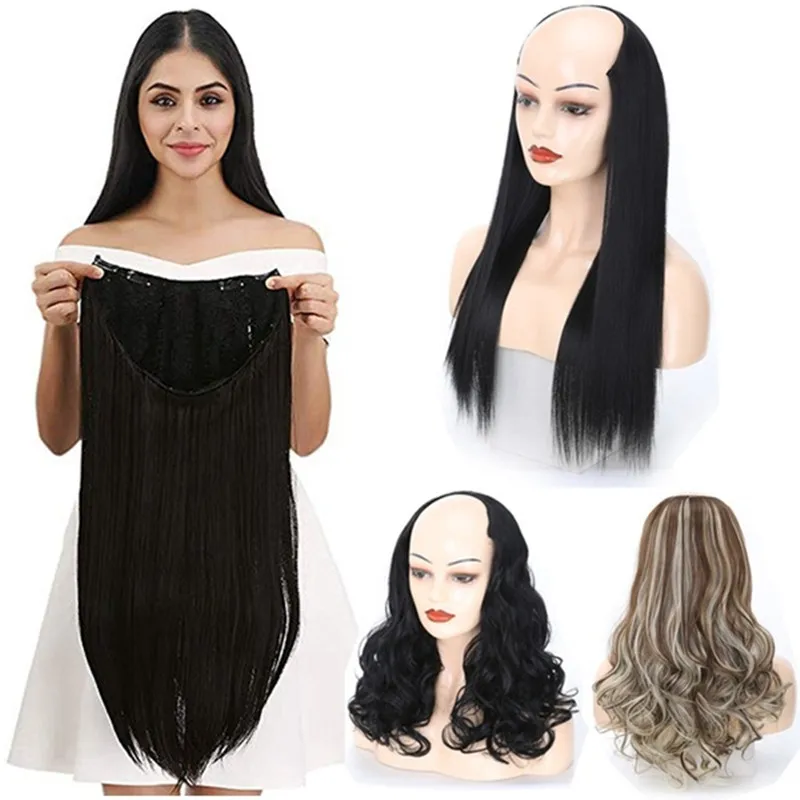 24 Inches Long Straight Clip In Ombre Hair Extension U Part Half Wig