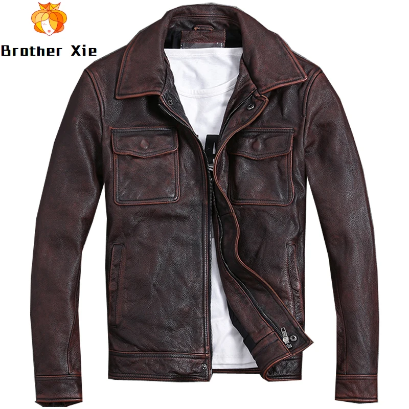 

2020 2020 Men's Vintage Genuine Leather Jacket Brown Genuine Cowhide Jackets Plus Size 5XL Motorcycle Leather Coat for Male