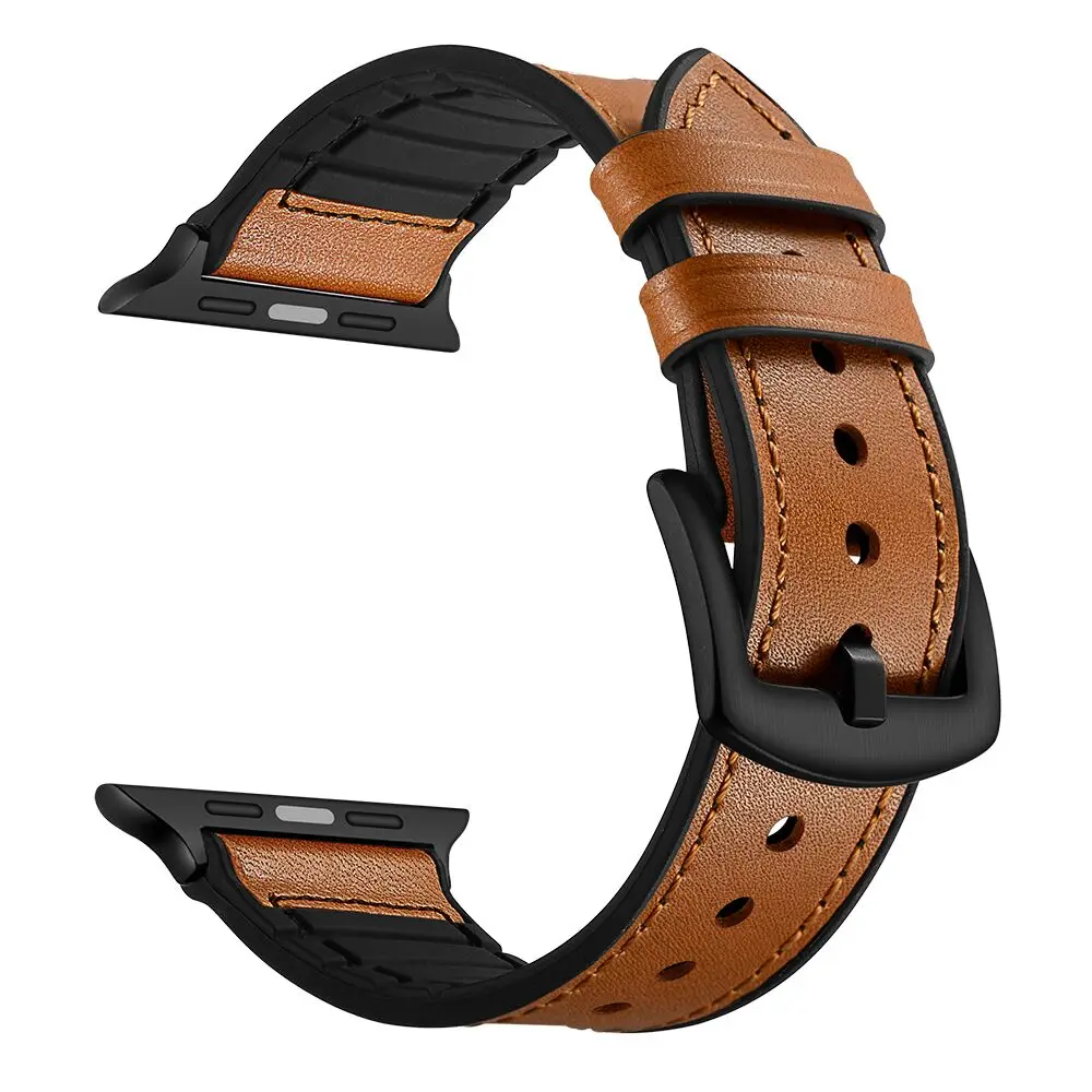 light brown Ремешки для наручных часов apple watch series 5 44 мм() кожаный ремешок с силиконовым браслетом для iwatch 5 40 мм ремень correa - Цвет ремешка: light brown