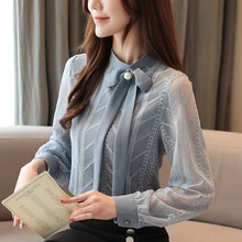 

Korean Fashion Women Blouses Chiffon Lace Long Sleeve Women Blouse Office Lady Shirt Womens Tops and Blouses Elegant Women Tops