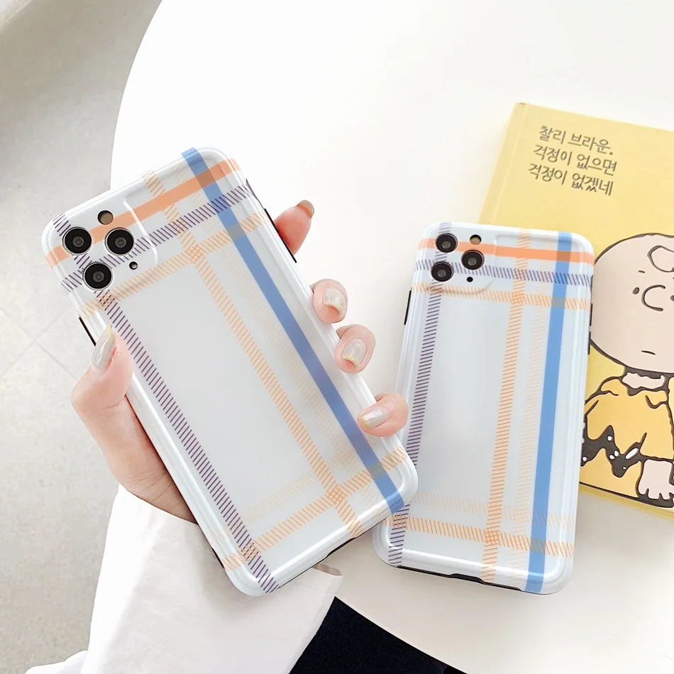 

For iPhone 11 Pro XS Max XR Case Fashion Grid Plaid lattice Pattern Phone Case For iPhone 8 7 Plus Soft IMD TPU Shockproof Cover
