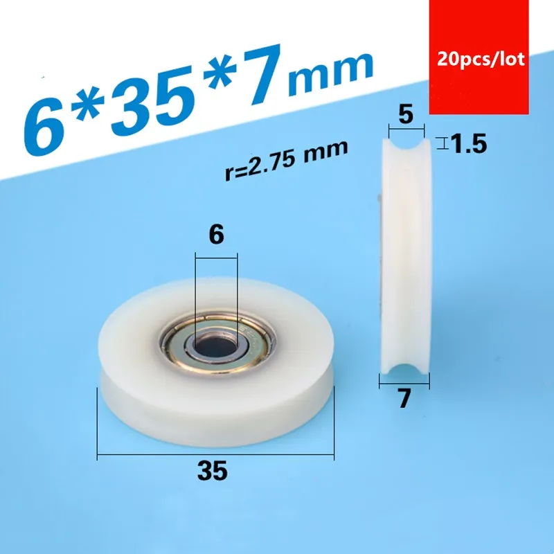 20 Stück U-Nut Kunststoffbeschichtetes Lager 626ZZ 6 * 35 * 7 mm POM-Rollenheberrad Nylon-Riemenscheibe Bohrungsgröße 6 mm Durchmesser 35 mm – Detail 1