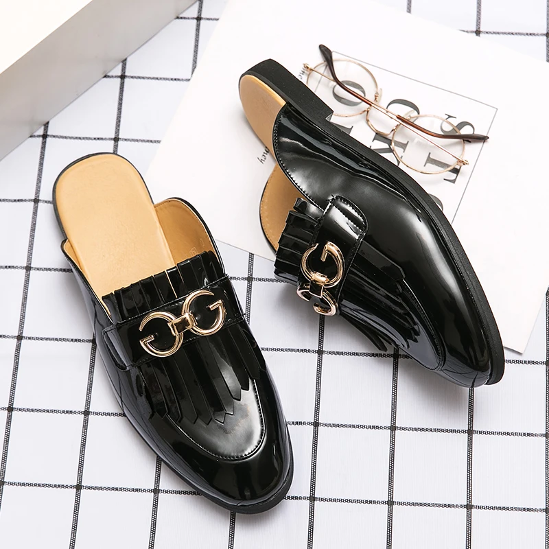 Men Half Dress Shoes Indoor Patent Leather Slippers Plus Size 38-48 Loafers Moccasins Mens Mules Casual Shoes soft slippers,beach slippers