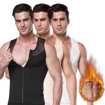 

Mens Compression Shirts Vest Slim Waist Trainer Male Body Control Bodysuit Zipper Workout Loss Corset Shapewear Strap