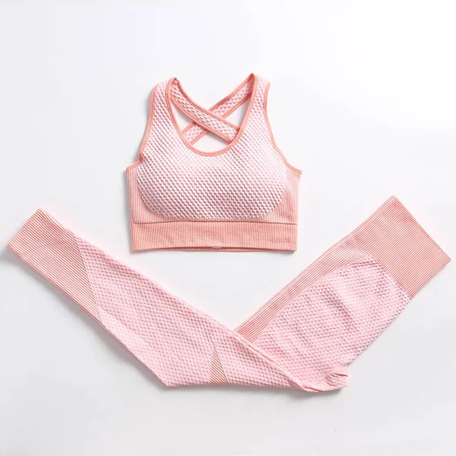 2/3PCS Women's Sportswear Seamless Yoga Set Workout Gym Clothing Fitness Long Sleeve Crop Top High Waist Leggings Sports Suits Style 1 Pink