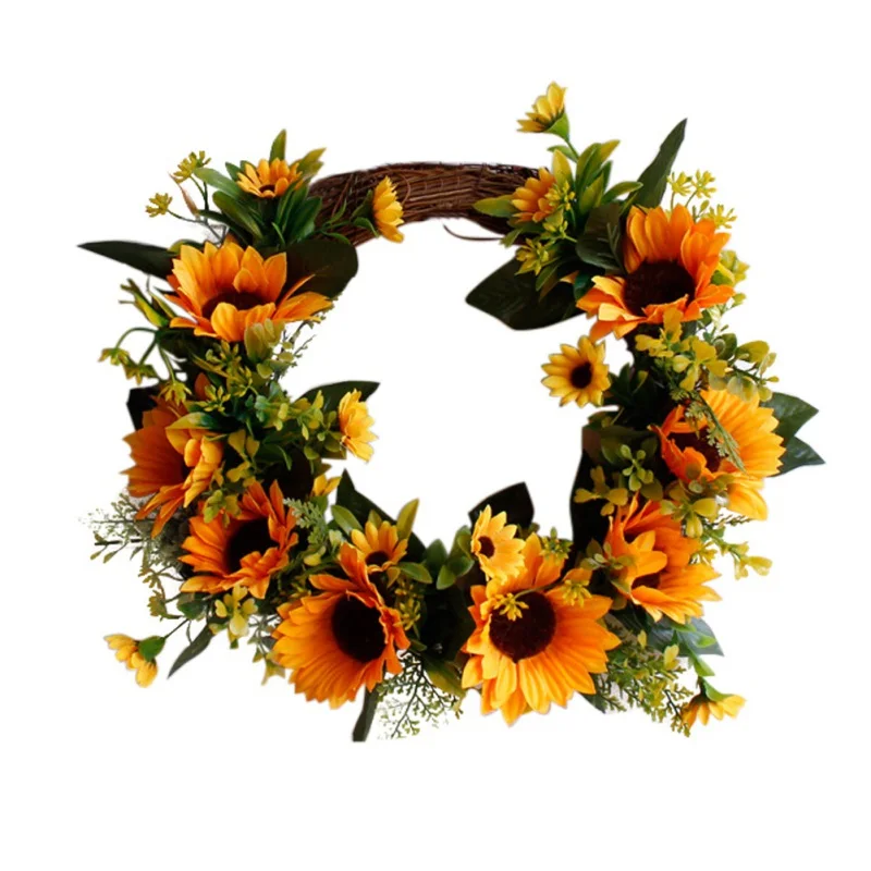 

Artificial Sunflower Decorative Rattan Round Garland With Green Leaves Wedding Garland Front Door Window Wall Hanging Decoration