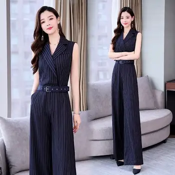 

Women 2020 Summer Elegant Striped 2 Piece Set Female Sleeveless Tops And High Waist Wide Leg Straight Pants Suit With Sashes L55