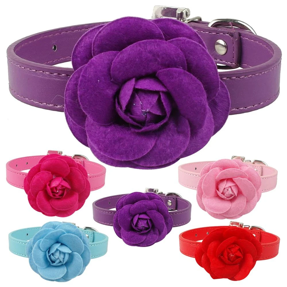 

PU Leather Dog Pet Collars Cute Necklace With Flower For Small Dogs Puppy Pink Red Purple Blue Rose Neck For 8-18"