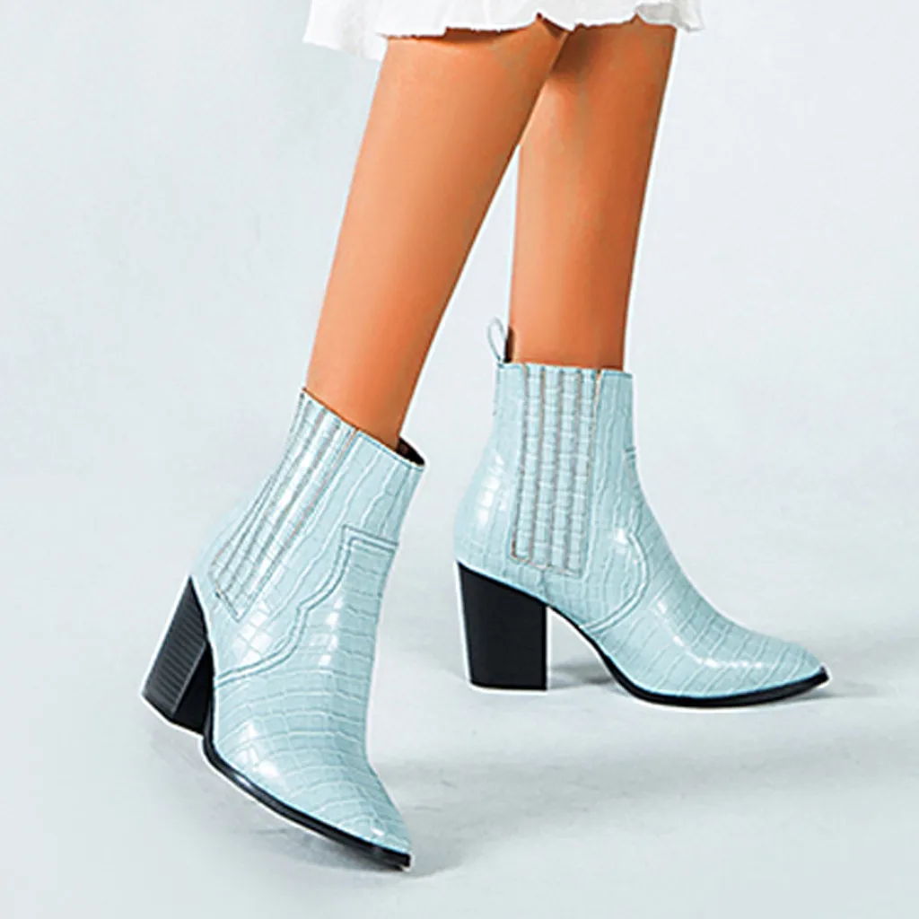 

High Quality Women's Crocodile Boots High Heels Fashion Large Size Short Boots Ladies Square-Heeled Pointed Slip-On Boots Wear