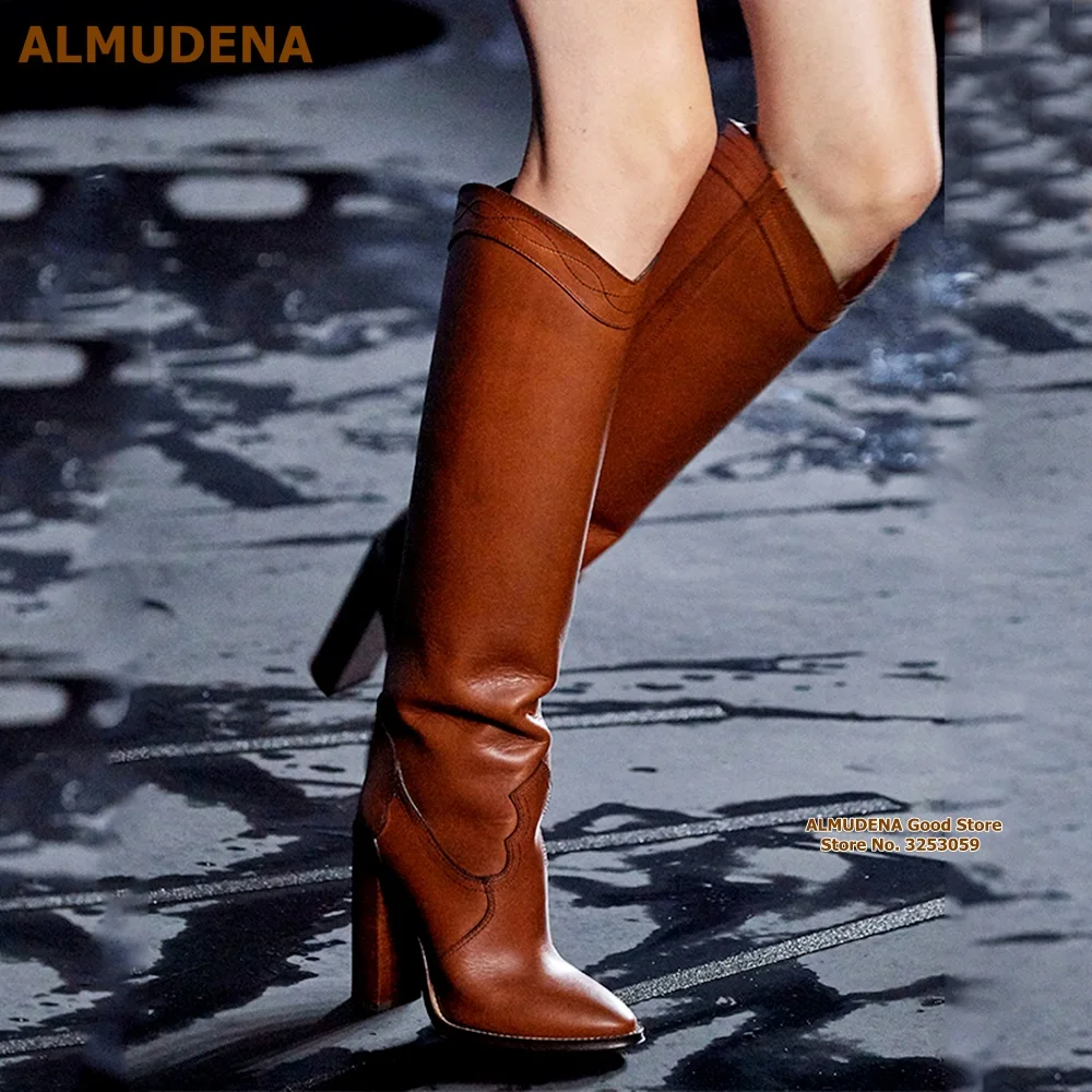 

ALMUDENA Brown Black Matte Leather Chunky Heel Knee Boots Super Star Models Knight Boots Nightclub Dress Shoes Motorcycle Boots