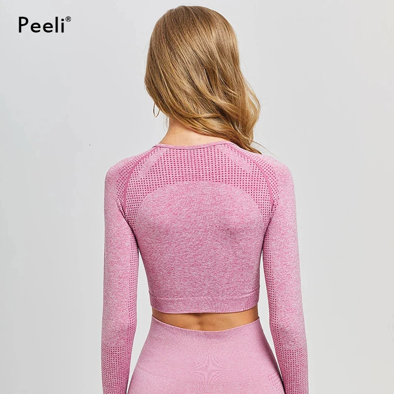 Peeli Long Sleeve Gym Crop Top Sports Yoga Top Women Seamless T-Shirts Fitness Crop Sport Active Wear Workout Athletic Shirt