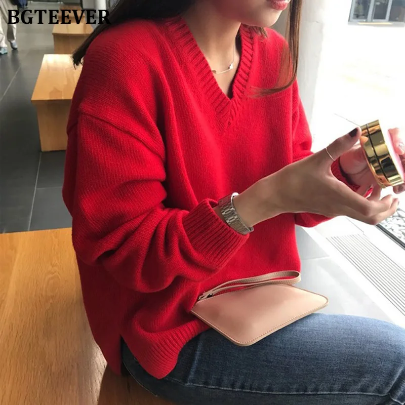BGTEEVER осенне-зимний женский свитер, повседневный красный вязаный пуловер с v-образным вырезом, женские свободные вязаные топы