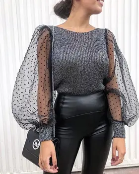 

2020 Hot Women's Long Puff Sleeve Tops Oversize Lady Round Neck Casual Loose Knitted Female T-Shirt Black Gray