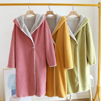 Fdfklak Soft Lamb Wool Thick Warm 2025 Winter New Hooded Mid-Length Bathrobe Single Button Design Dressing Gown Robes
