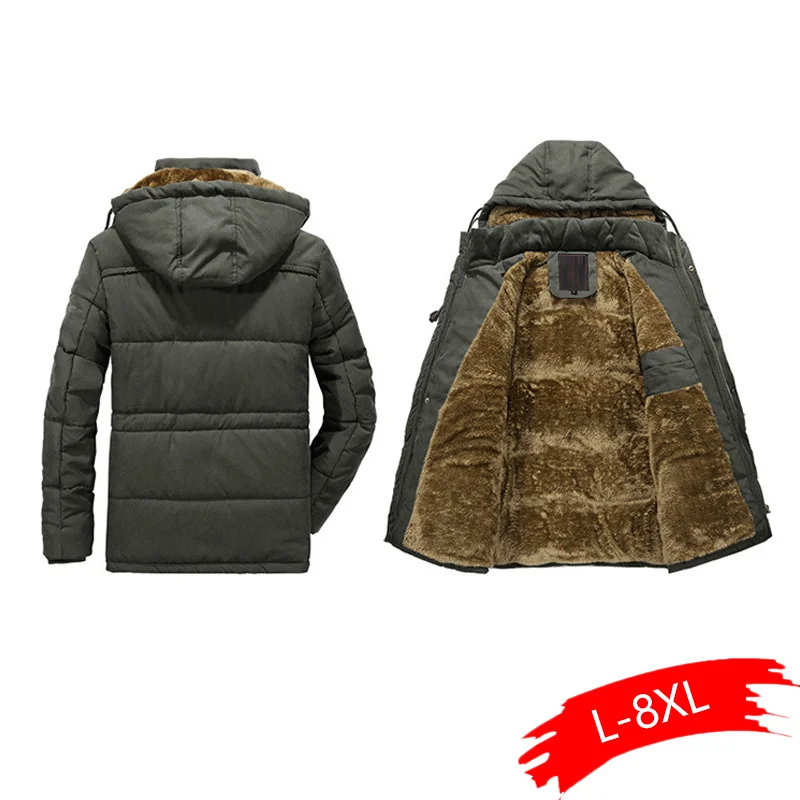 Мужская зимняя парка, 6XL 7XL 8XL, толстая, теплая, флис, мех, с капюшоном, военная куртка, карманы, ветровка, мужская, размера плюс, парка