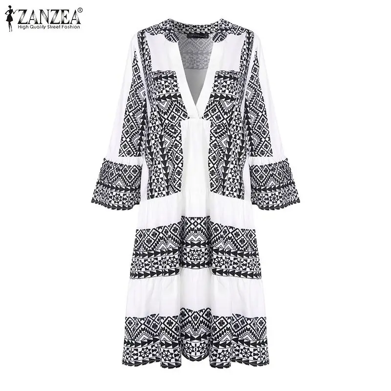 ZANZEA, сексуальное мини-платье с принтом, женские богемные короткие платья, модные женские летние сарафаны, сексуальное лоскутное платье для женщин 5XL