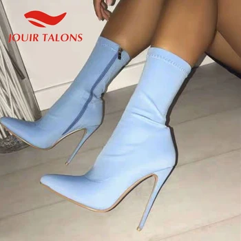 

JOUIR TALONS Big Size 40 women shoes Stretch Fabric Pointed Toe Thin High Heels 11 cm Sexy Ankle Boots