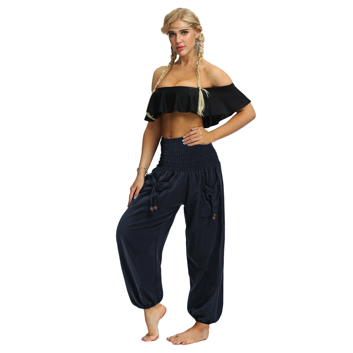 Summer Women High Waist Pants Casual Solid Long Trousers Elastic Waist Loose Harem Pants capri dress